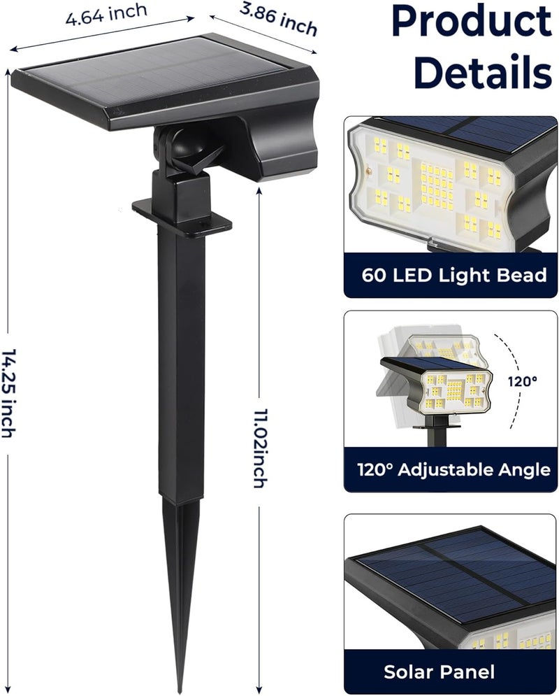 HGGH Solar Lights Outdoor Waterproof IP67, 60 LED 3 Lighting Modes Solar Spot Lights Outdoor for Yard Garden Pathway Landscape, Auto On/Off, Function 2 in 1(Warm White, 4 Pack) - Image 2